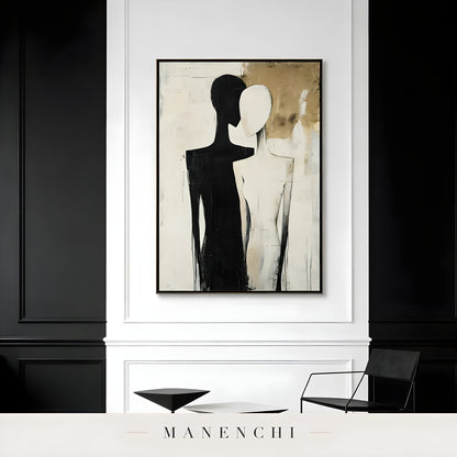Dualistic Silhouette Union abstract painting displayed in minimalist black white wall