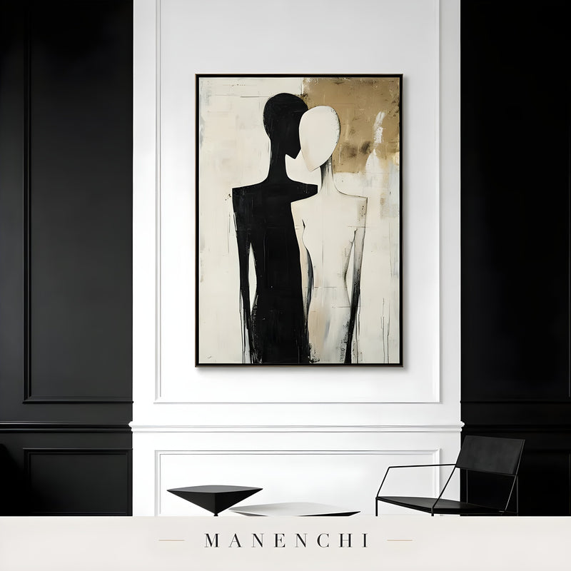 Dualistic Silhouette Union abstract painting displayed in minimalist black white wall