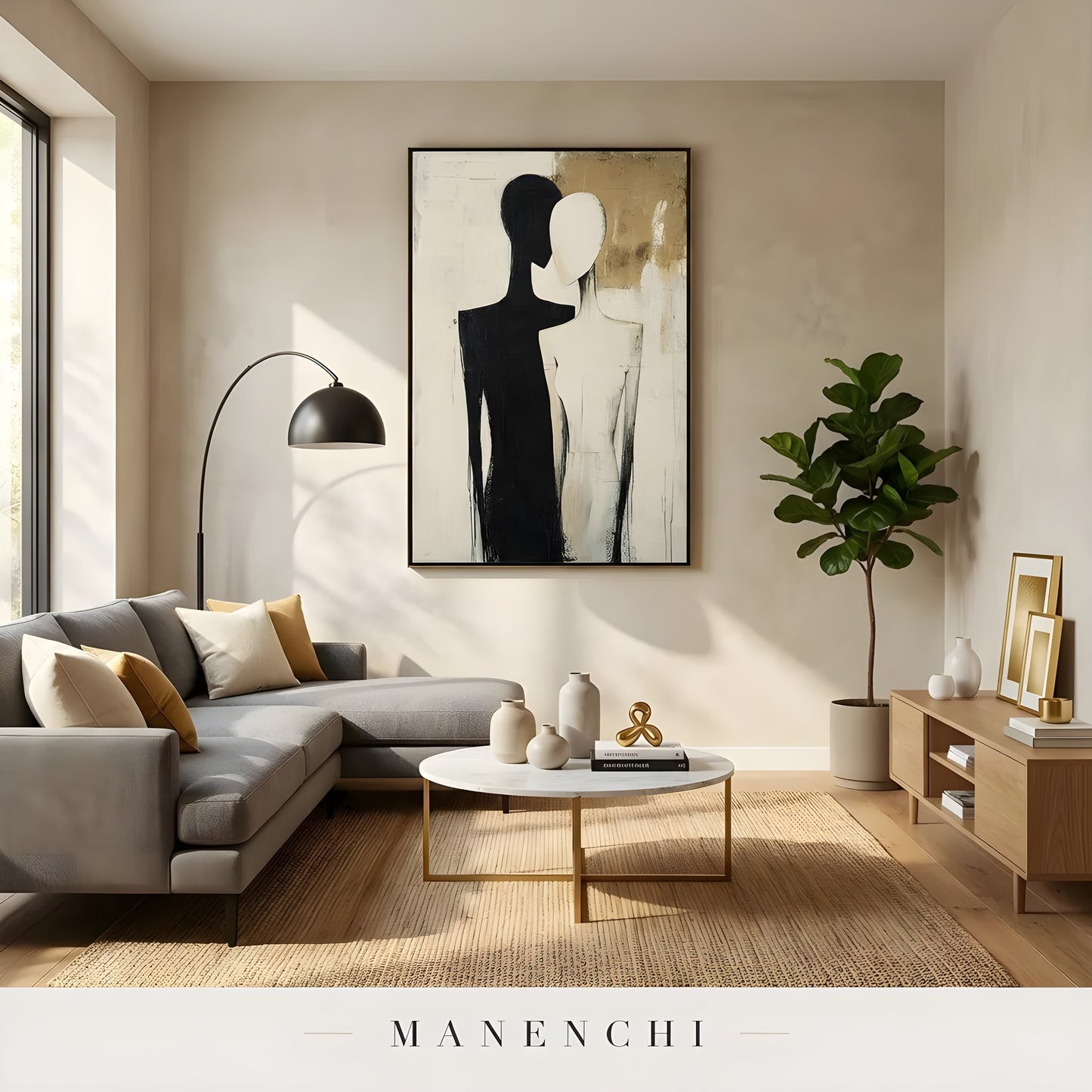 Dualistic Silhouette Union abstract painting displayed in modern living room interior