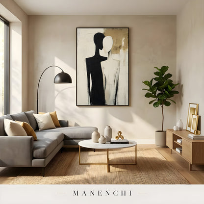 Dualistic Silhouette Union abstract painting displayed in modern living room interior
