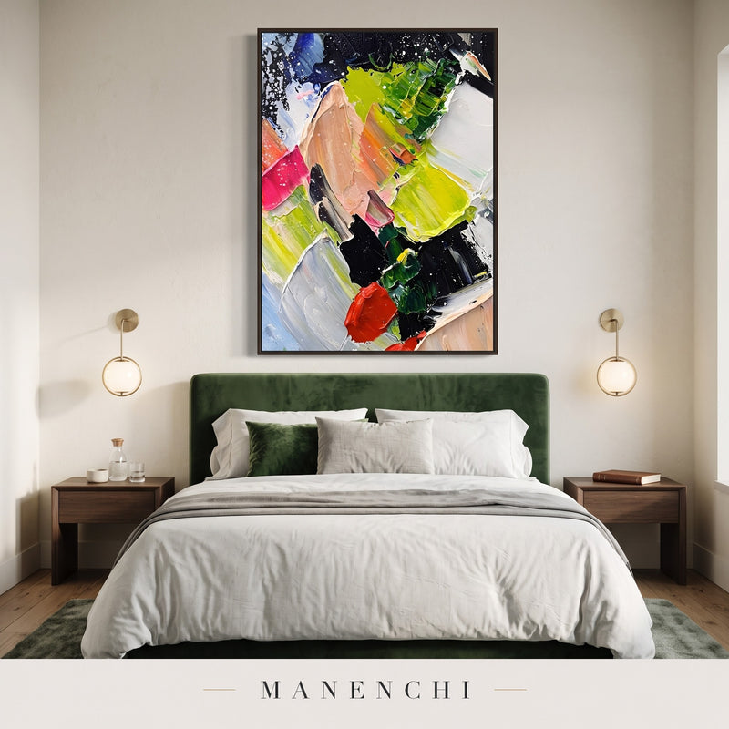 Dynamic Flourish abstract painting displayed in a modern bedroom