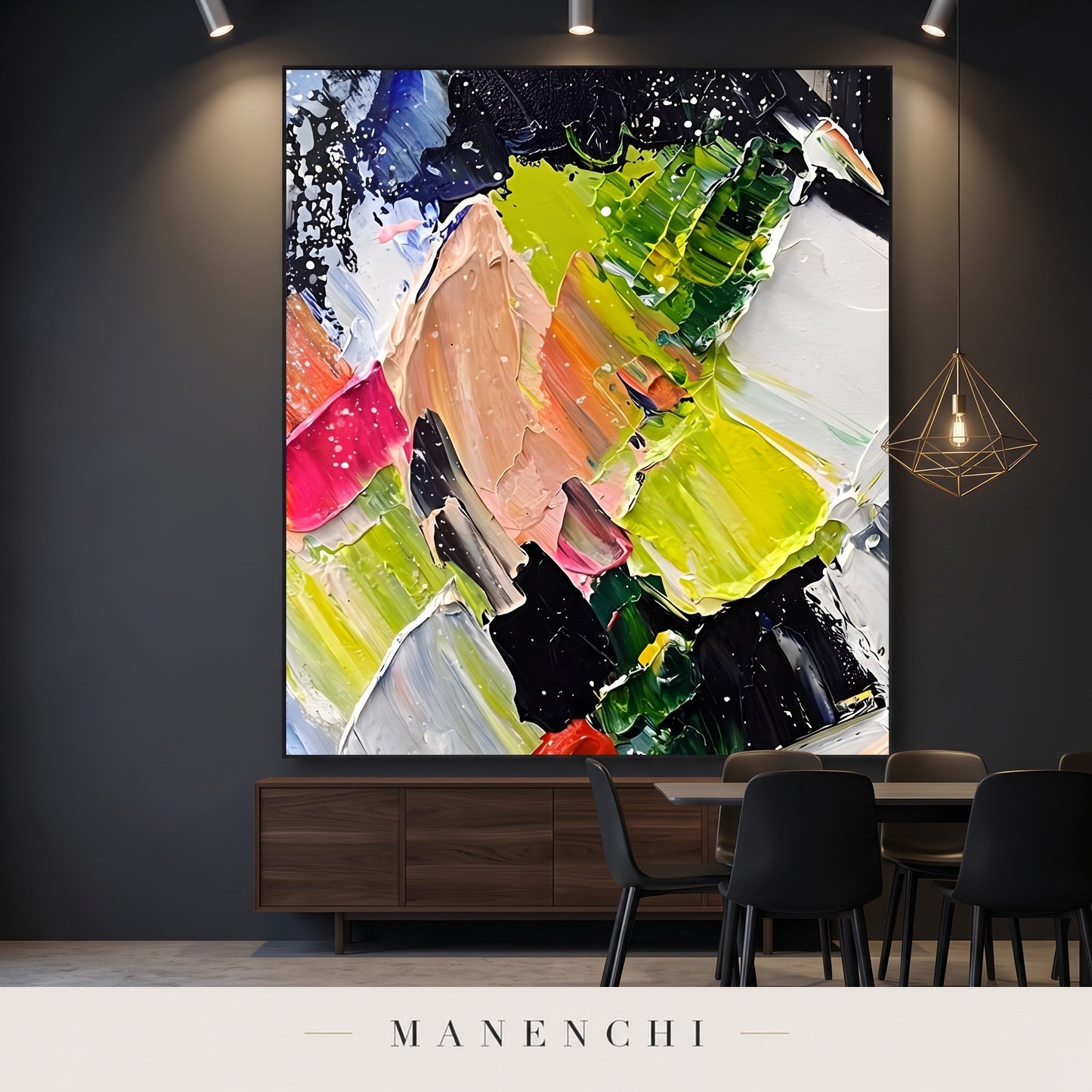 Dynamic Flourish abstract painting displayed in a dining room