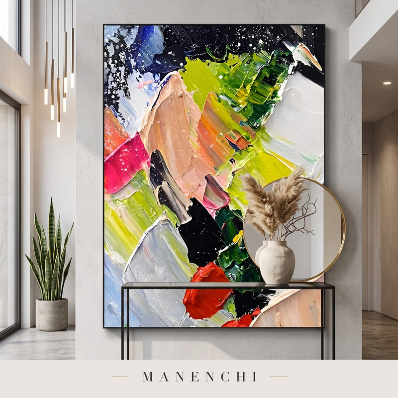 Dynamic Flourish abstract painting displayed in an entryway