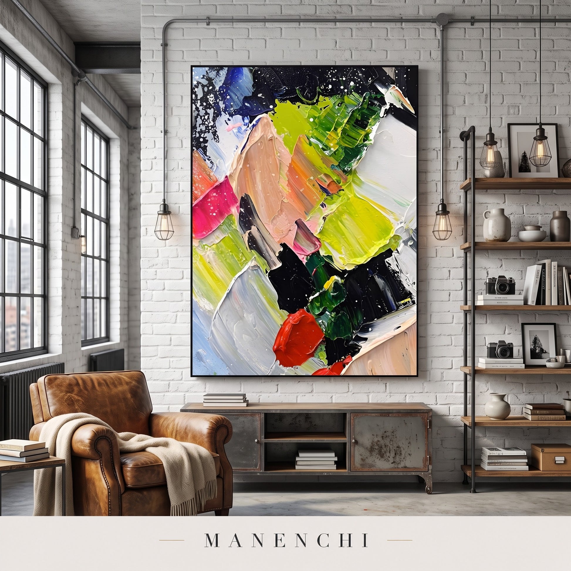 Dynamic Flourish abstract painting displayed in a loft