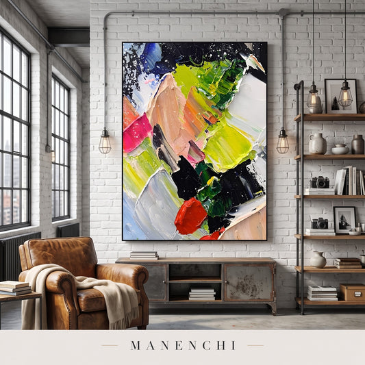 Dynamic Flourish abstract painting displayed in a loft