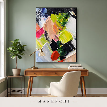 Dynamic Flourish abstract painting displayed in a study