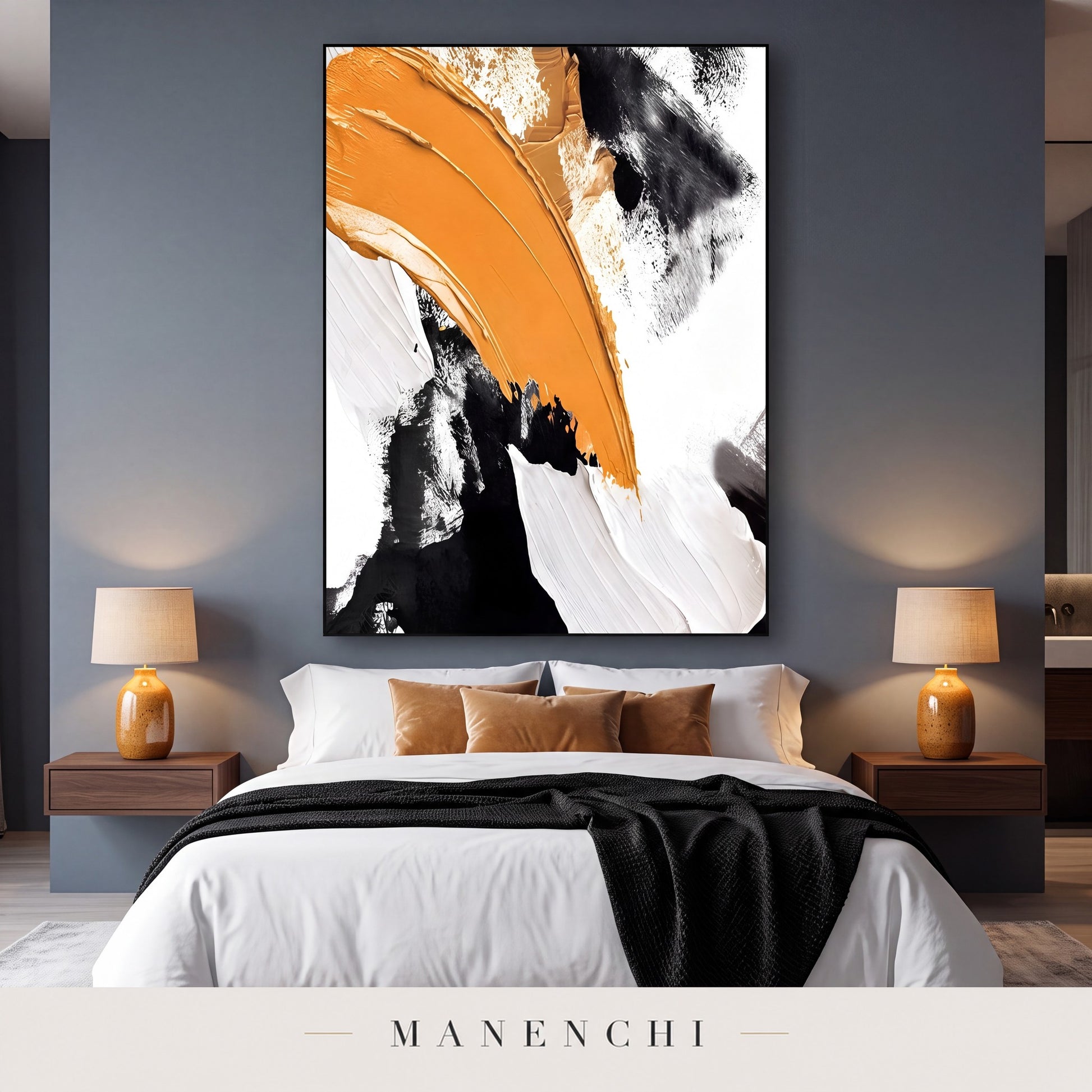 Dynamic Momentum abstract painting displayed in a modern bedroom