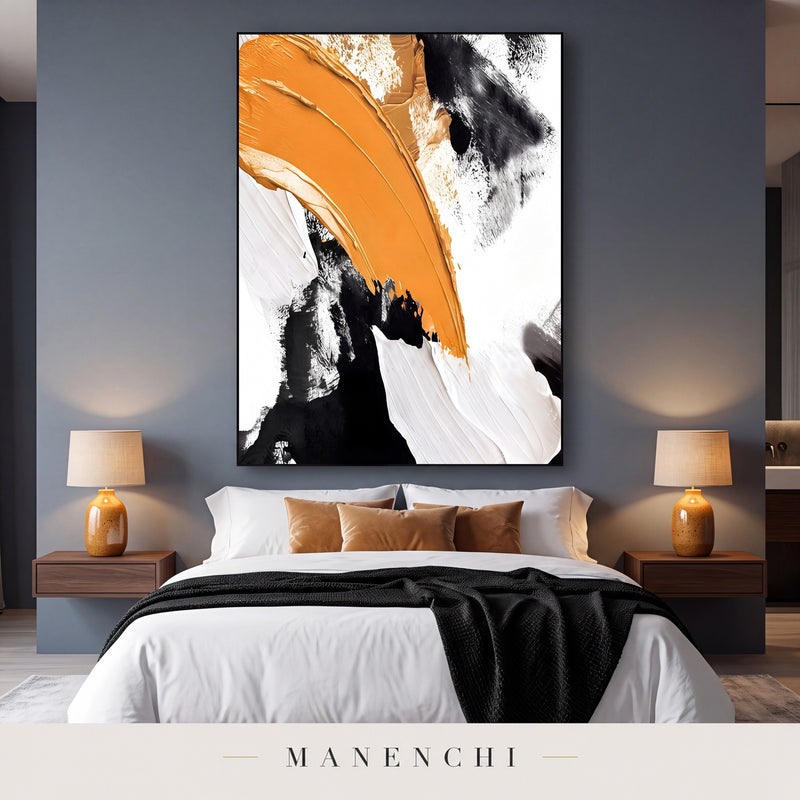 Dynamic Momentum abstract painting displayed in a modern bedroom