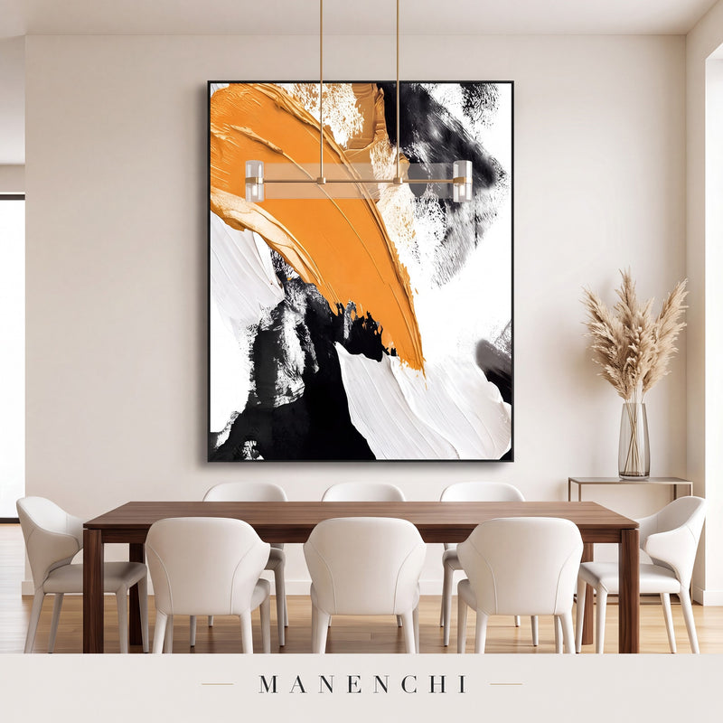 Dynamic Momentum abstract painting displayed in a dining room