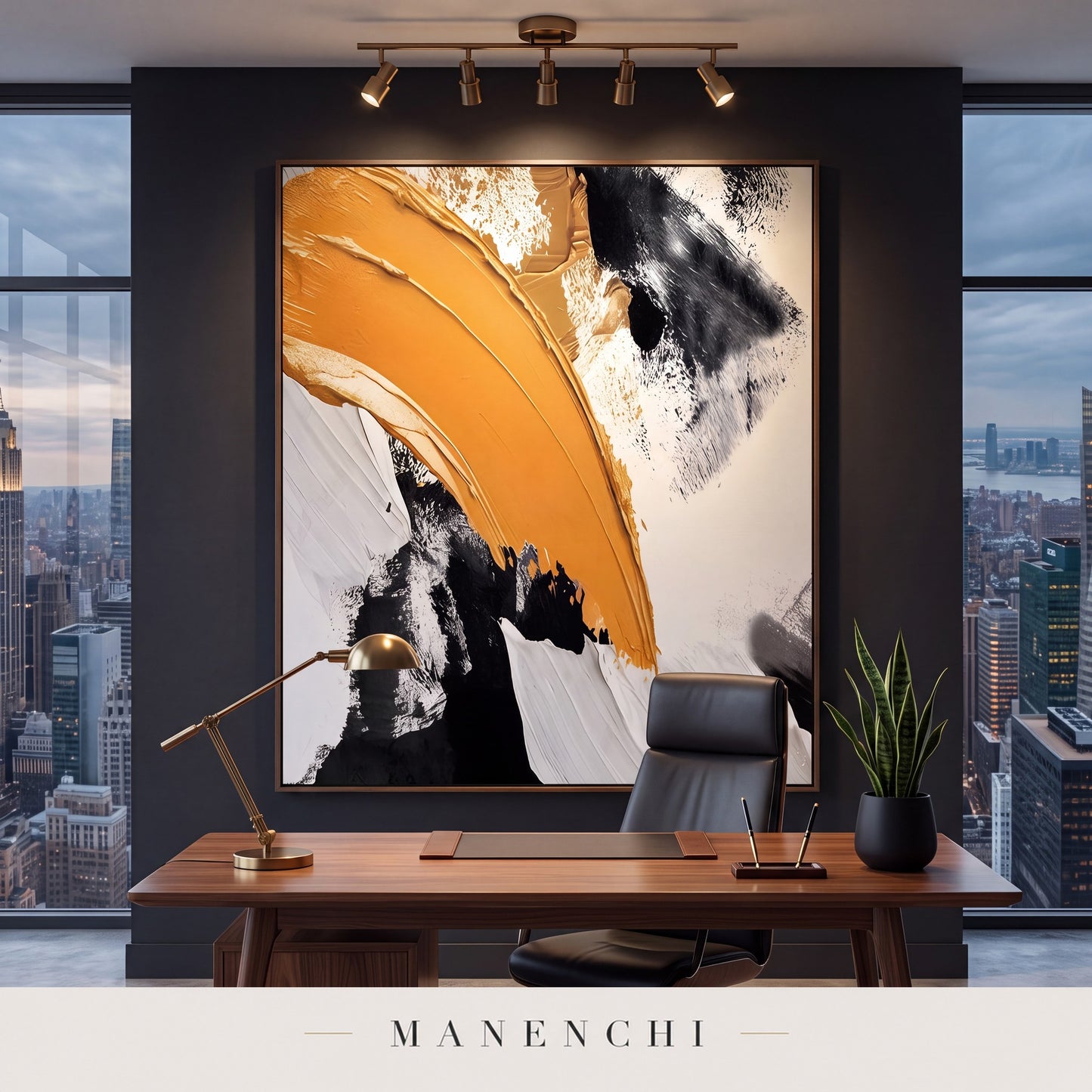 Dynamic Momentum abstract painting displayed in a study