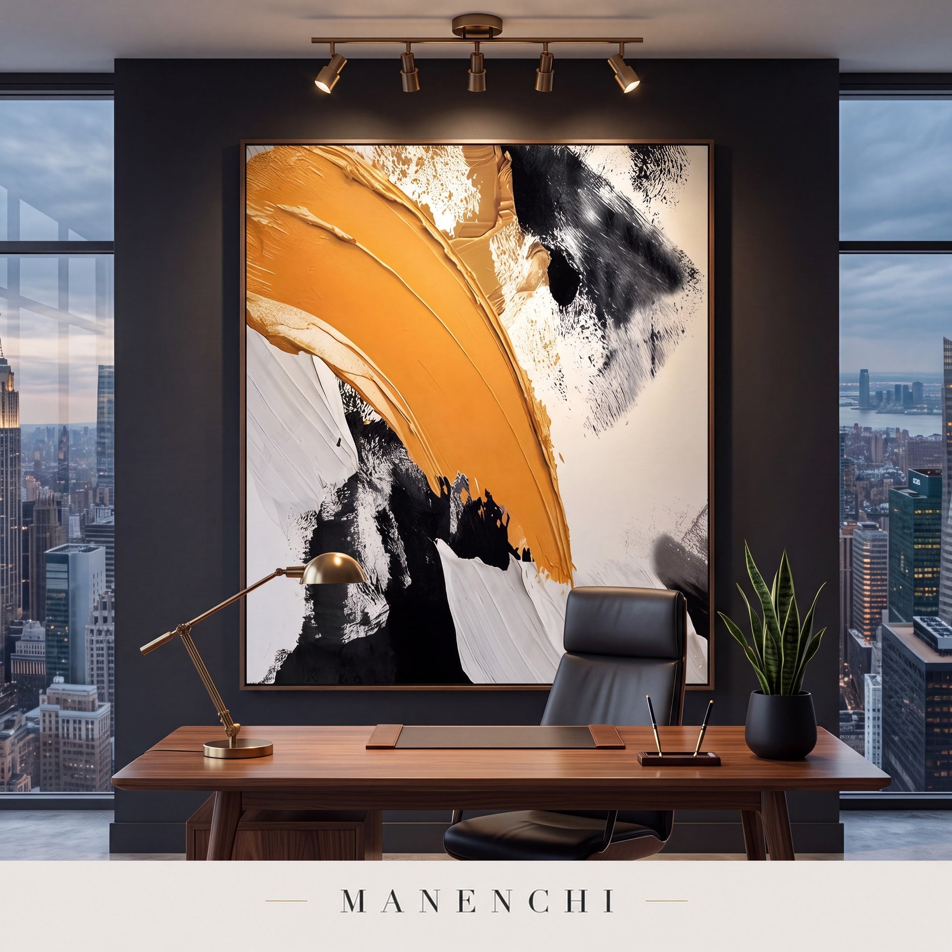 Dynamic Momentum abstract painting displayed in a study