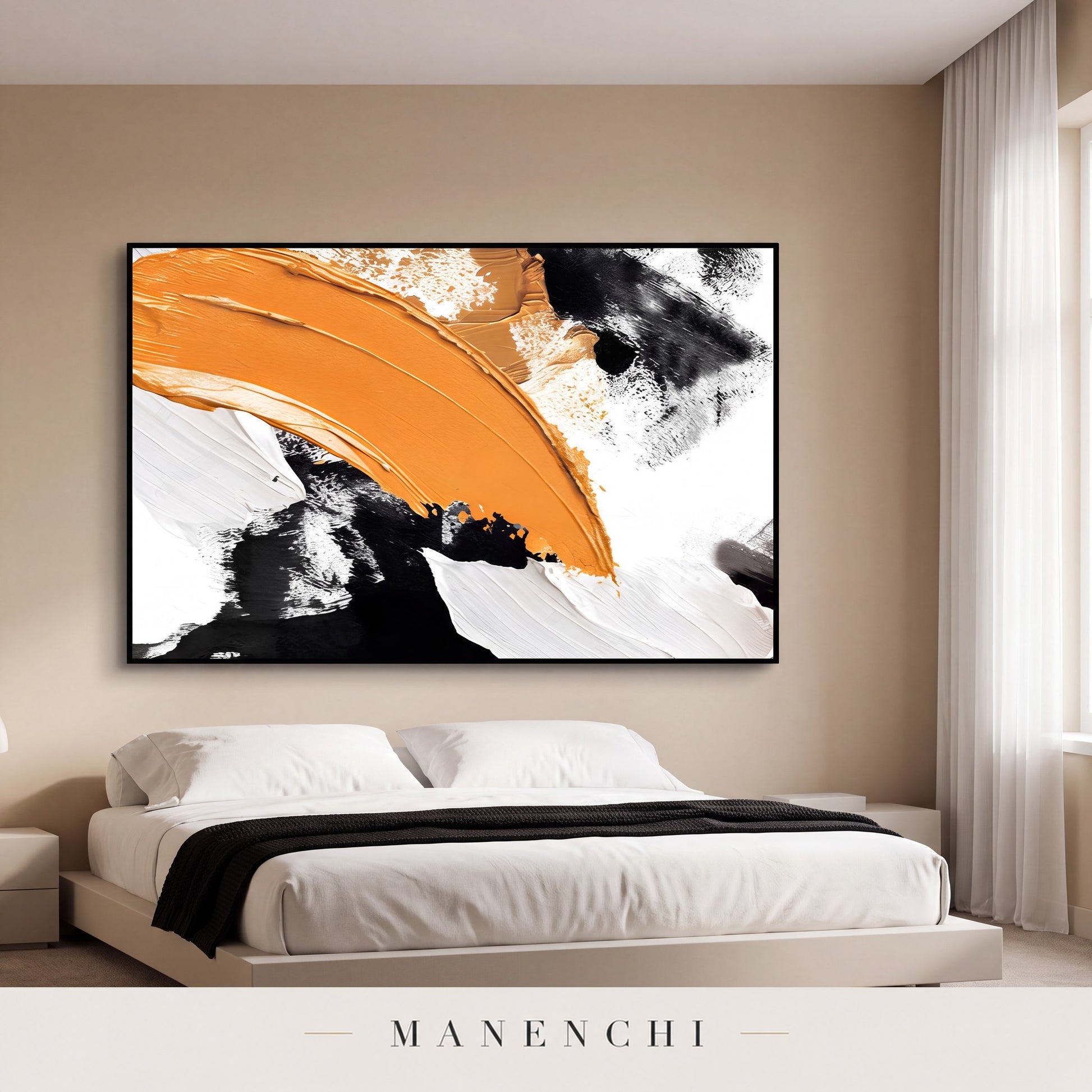 Dynamic Ochre Swathe abstract painting displayed in a modern bedroom