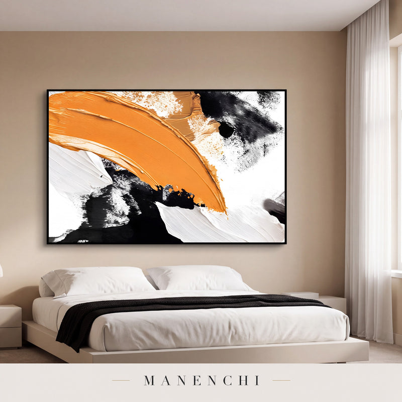Dynamic Ochre Swathe abstract painting displayed in a modern bedroom