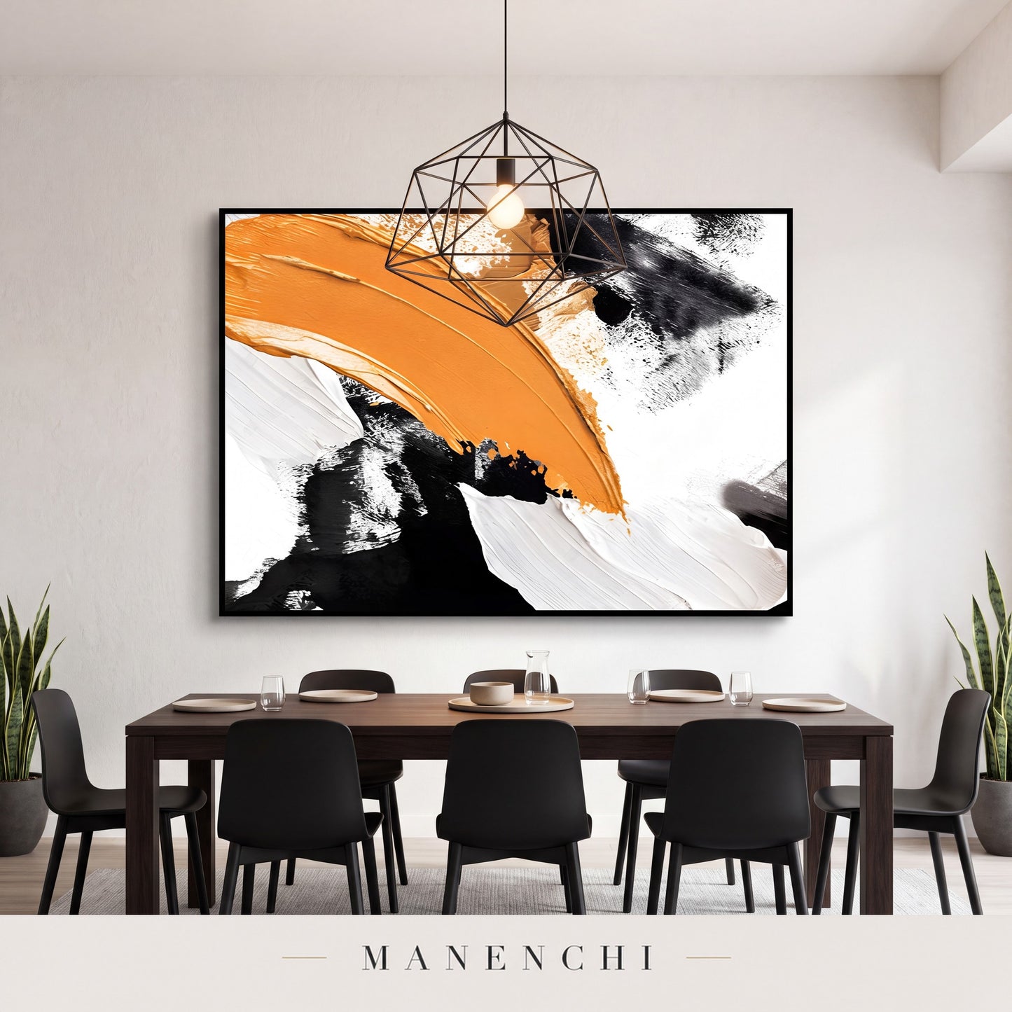 Dynamic Ochre Swathe abstract painting displayed in a dining room