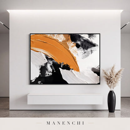 Dynamic Ochre Swathe abstract painting displayed in an entryway