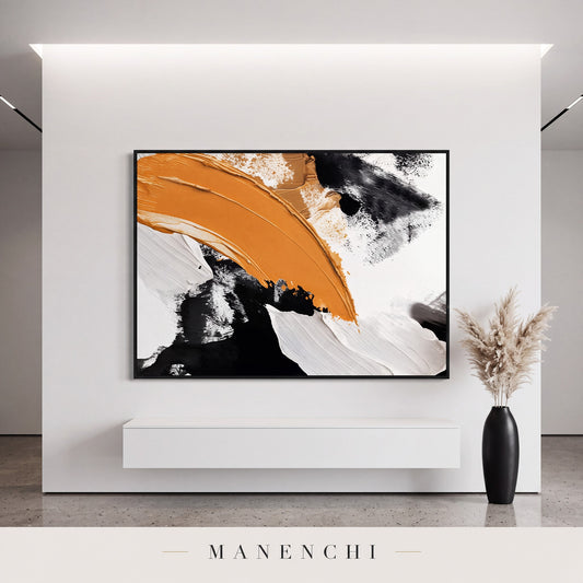 Dynamic Ochre Swathe abstract painting displayed in an entryway