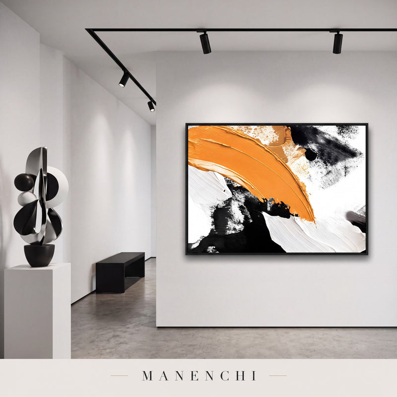 Dynamic Ochre Swathe abstract painting displayed in a hallway