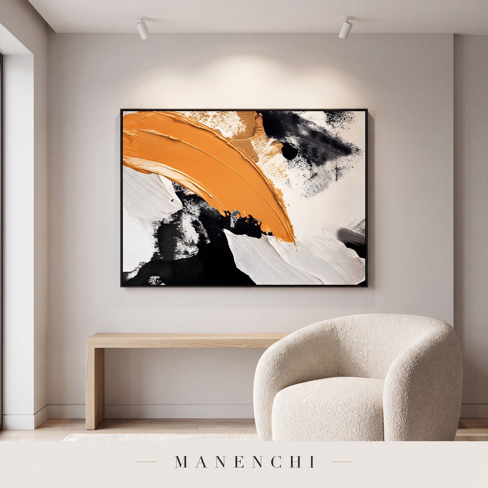 Dynamic Ochre Swathe abstract painting displayed in a modern living room