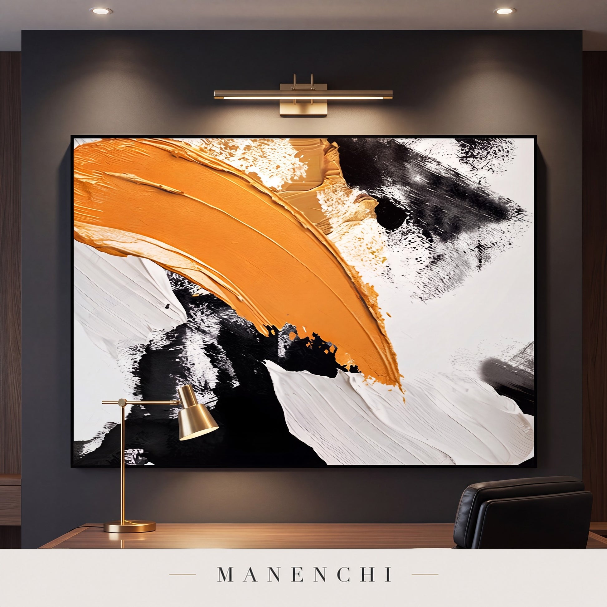 Dynamic Ochre Swathe abstract painting displayed in a study