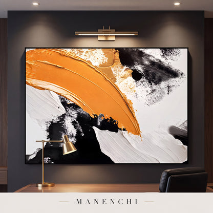 Dynamic Ochre Swathe abstract painting displayed in a study