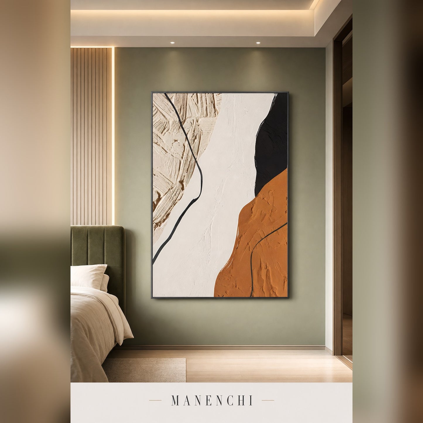 Earthbound Contrast abstract painting displayed in a modern bedroom