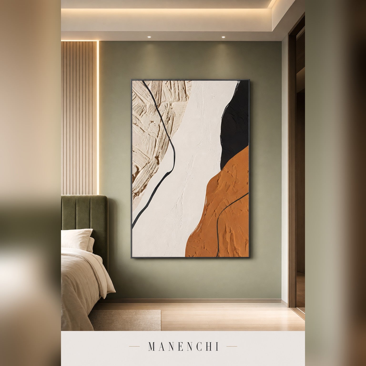 Earthbound Contrast abstract painting displayed in a modern bedroom