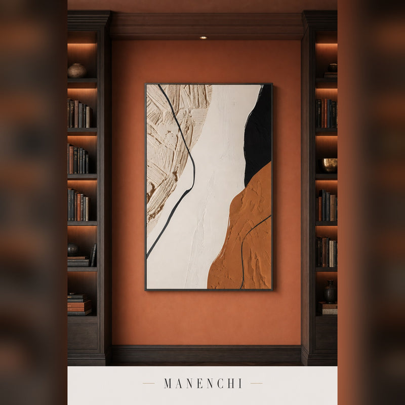Earthbound Contrast abstract painting displayed in a library