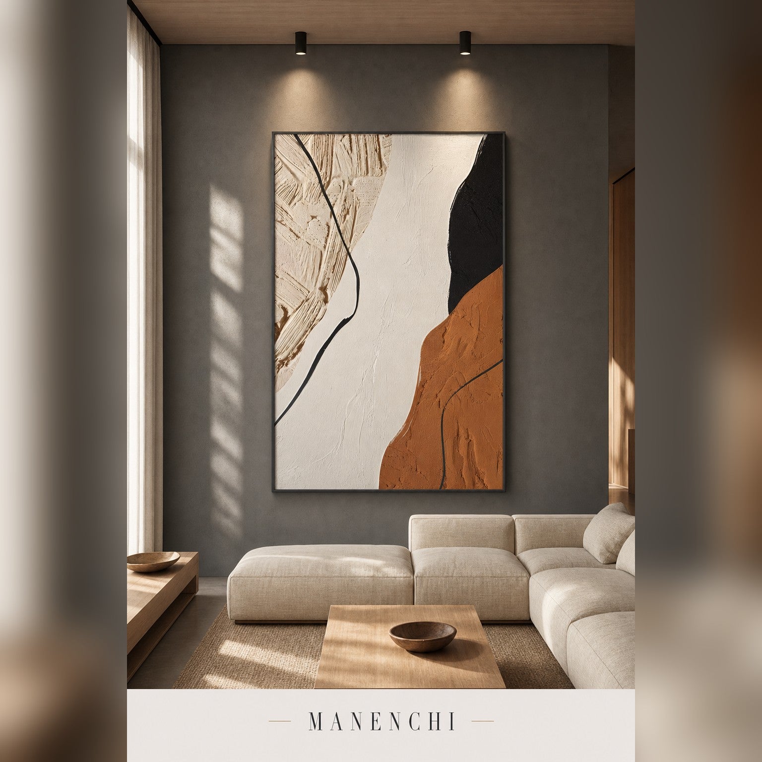 Earthbound Contrast abstract painting displayed in a modern living room