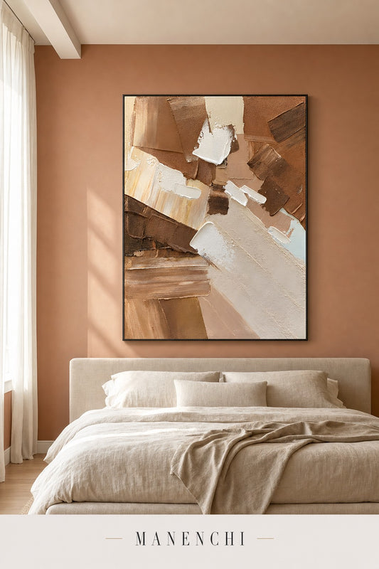 Earthbound Echoes abstract painting displayed in a modern bedroom