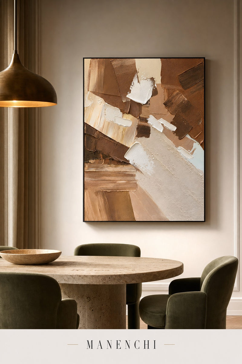 Earthbound Echoes abstract painting displayed in a dining room