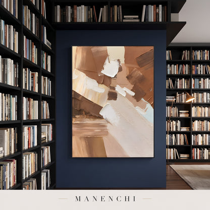 Earthbound Echoes abstract painting displayed in a library