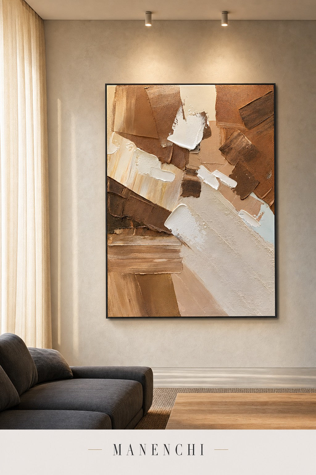 Earthbound Echoes abstract painting displayed in a modern living room