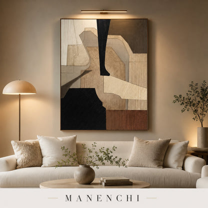 Earthen Forms beige and black geometric canvas in a modern living room