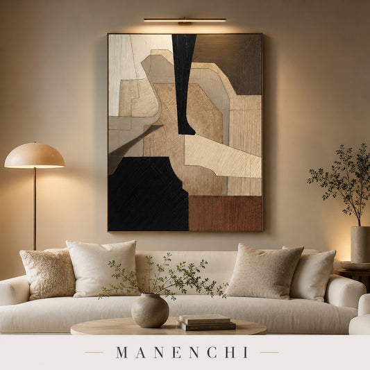 Earthen Forms beige and black geometric canvas in a modern living room