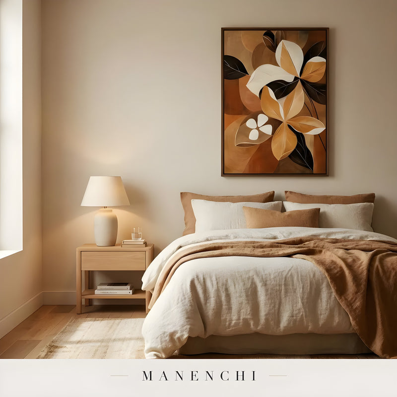 Earthen Petal Harmony abstract painting displayed in bedroom interior staged shot