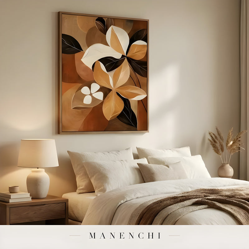 Earthen Petal Harmony abstract painting displayed in bedroom wall painting decor