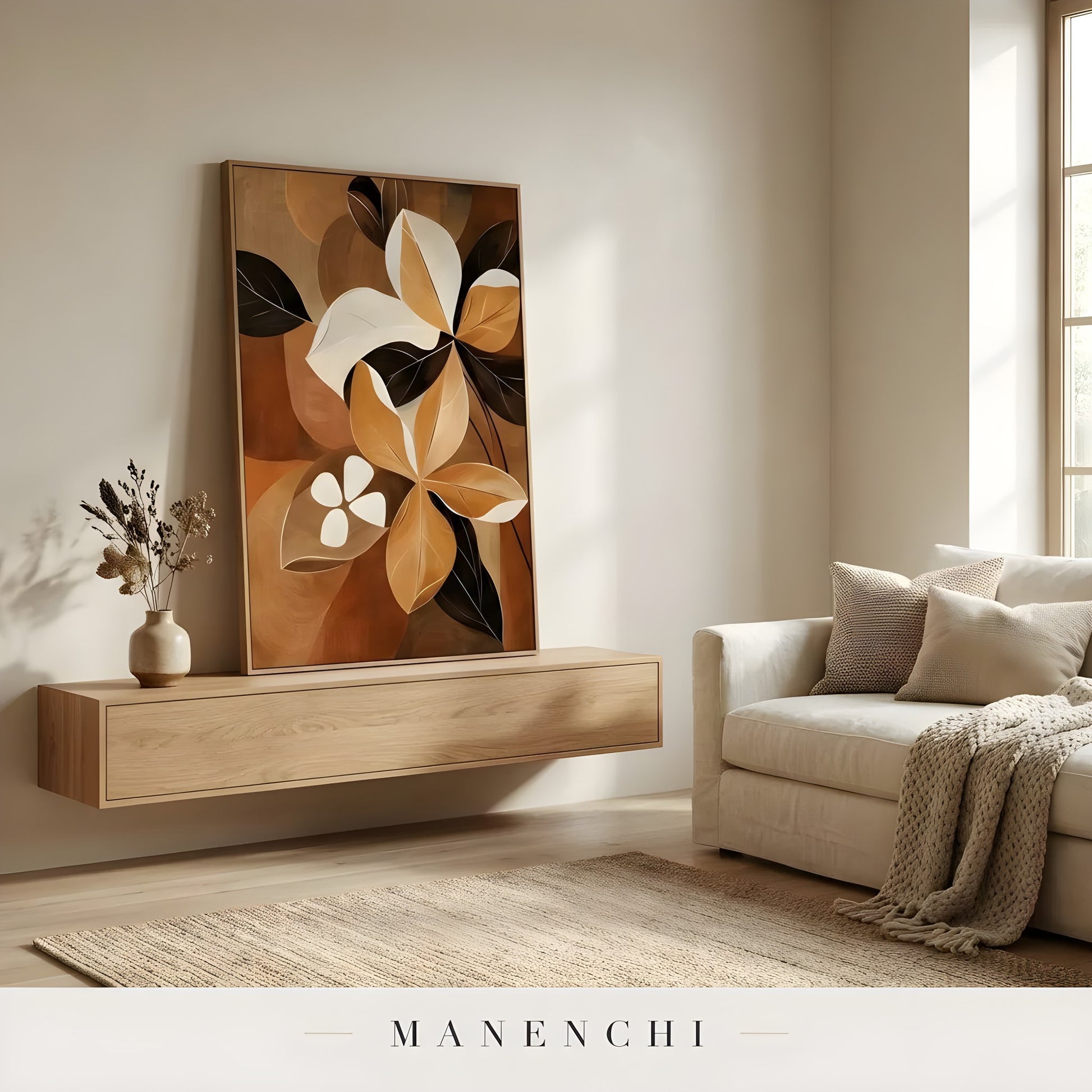 Earthen Petal Harmony abstract painting displayed in living room display