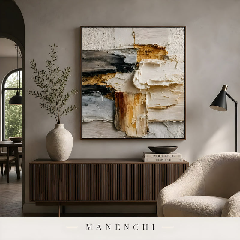 Earthen Sculpted Horizon abstract painting displayed in contemporary home living area