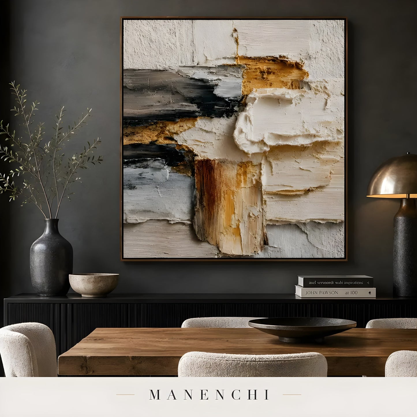 Earthen Sculpted Horizon abstract painting displayed in dining room interior