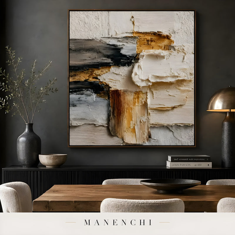 Earthen Sculpted Horizon abstract painting displayed in dining room interior
