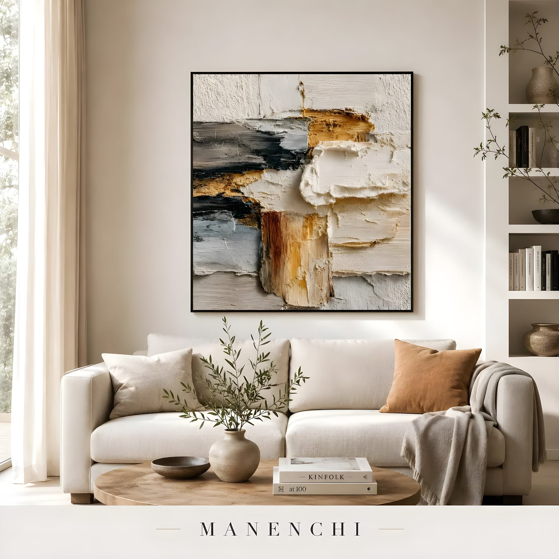 Earthen Sculpted Horizon abstract painting displayed in modern living room decor