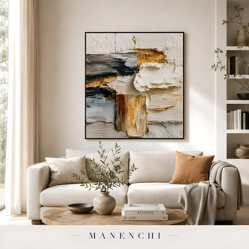 Earthen Sculpted Horizon abstract painting displayed in modern living room decor