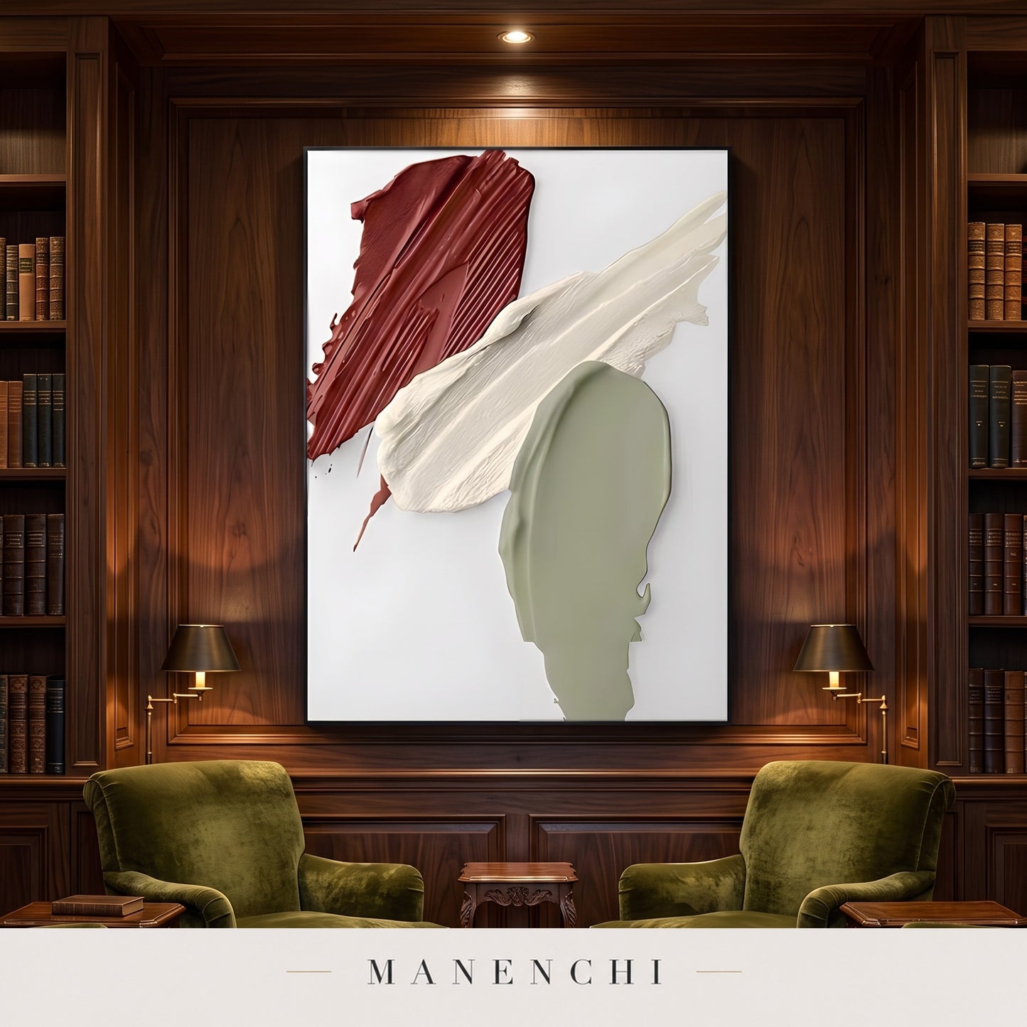 Earthy Impasto Strokes abstract painting displayed in a library