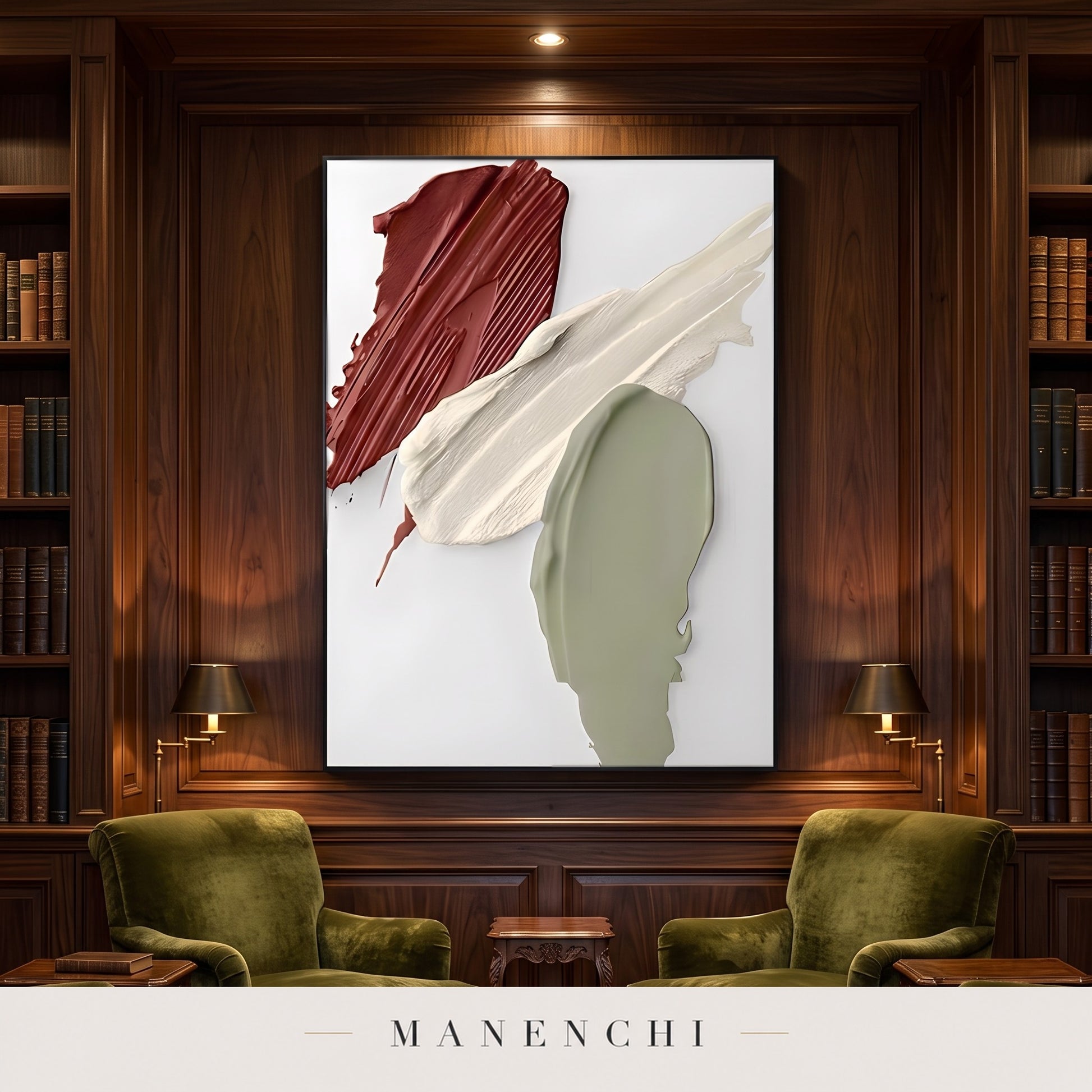 Earthy Impasto Strokes abstract painting displayed in a library