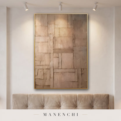 Earthy Tectonic abstract painting displayed in a modern bedroom
