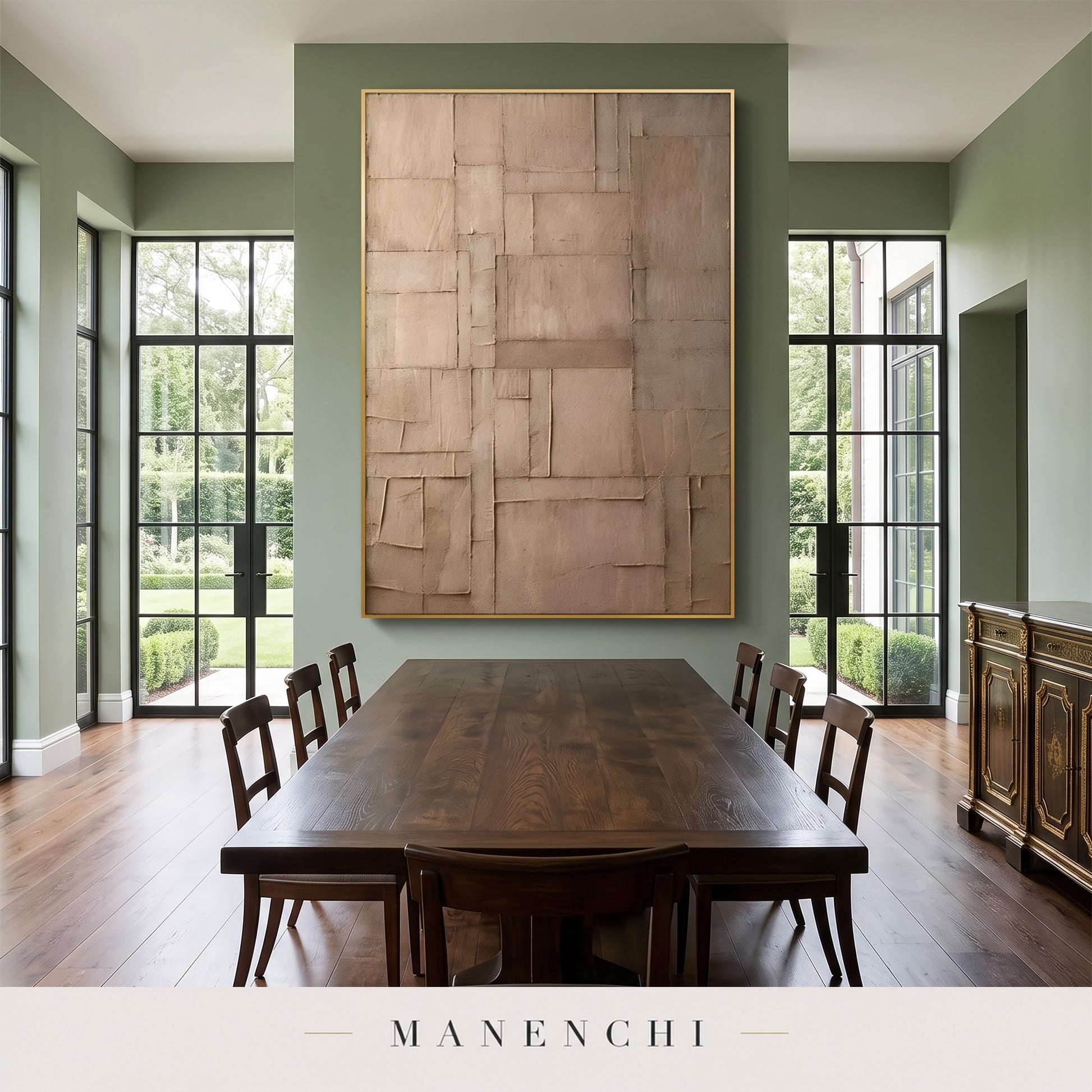 Earthy Tectonic abstract painting displayed in a dining room
