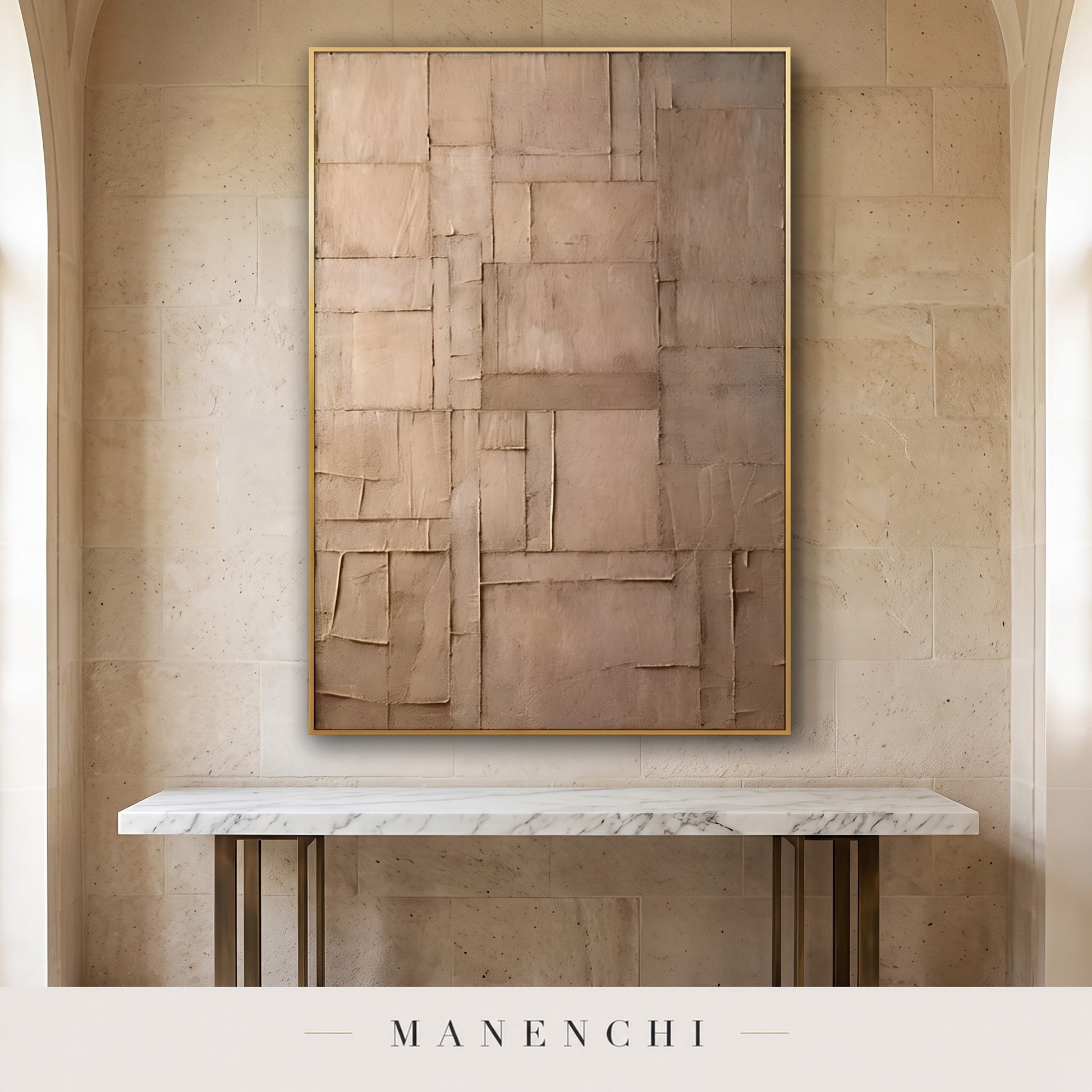 Earthy Tectonic abstract painting displayed in an entryway