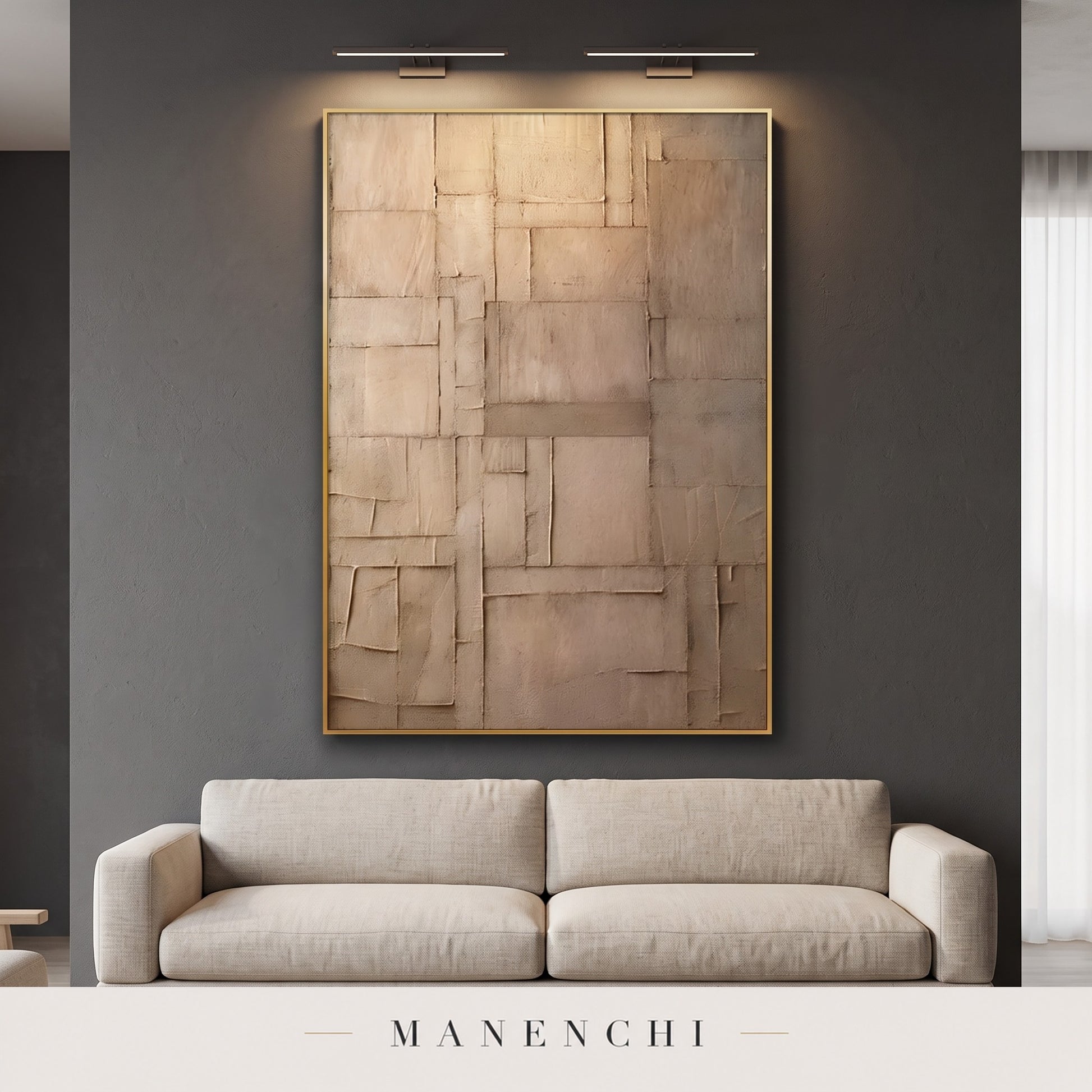 Earthy Tectonic abstract painting displayed in a modern living room