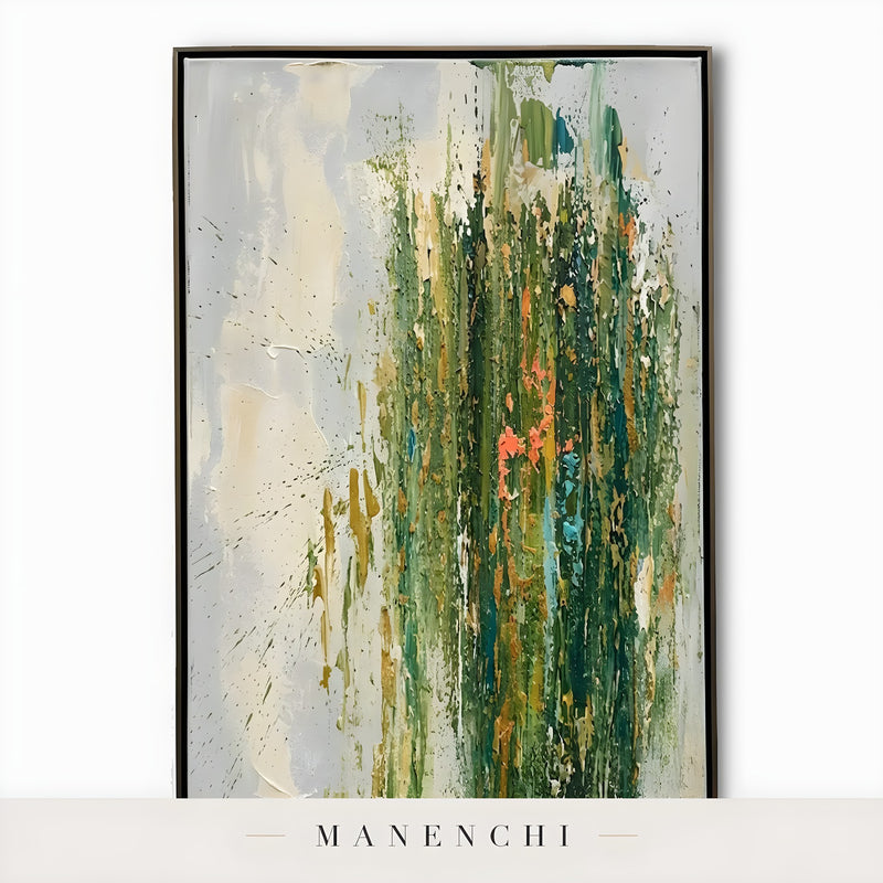 Close-up detail of the brushwork in Emerald Verdant Resonance