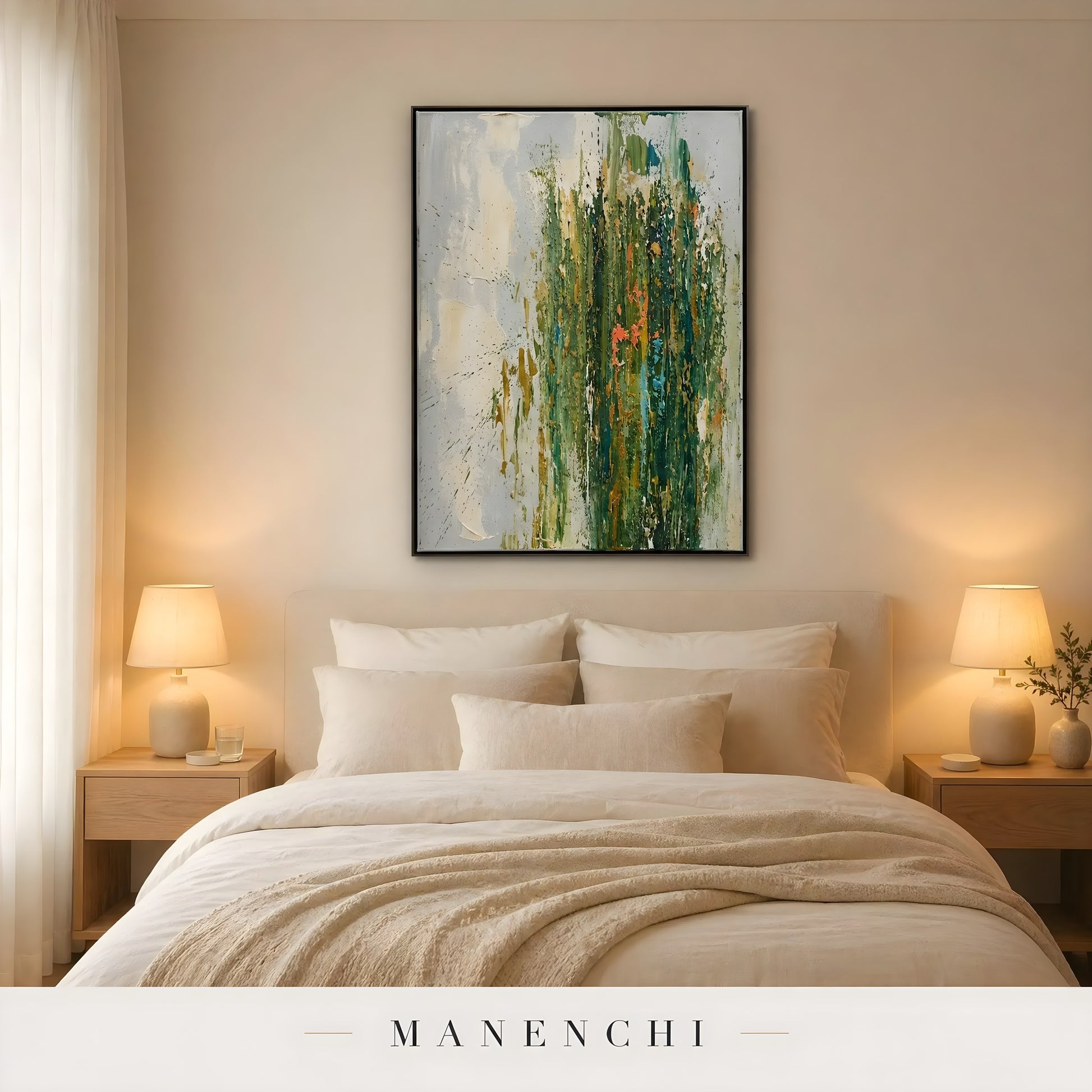 Emerald Verdant Resonance abstract painting displayed in bedroom installation